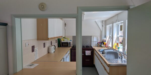 The inside of Trinity Hall, showing the kitchen.